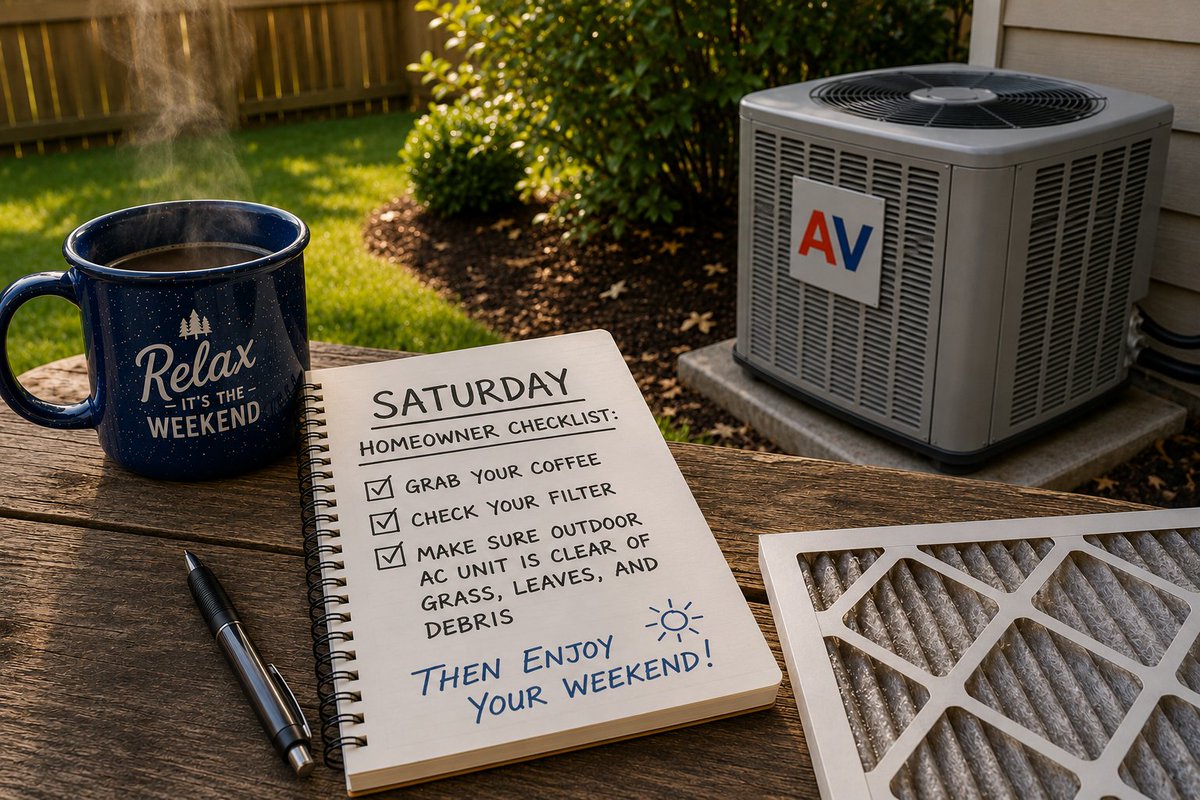 ServCounty's tweet photo. Saturday checklist: coffee, filter check, clear vents, outdoor unit walk-around. Then get back to enjoying your weekend. #HomeownerTips https://t.co/F56QoqWuEJ
