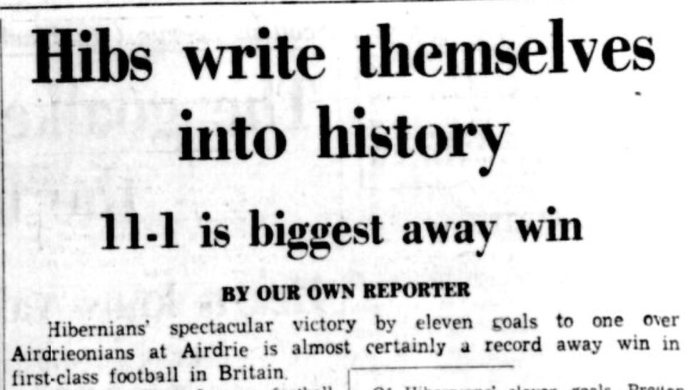 PersevereOG's tweet photo. 📜 67 years ago today, Hibs recorded the biggest away victory in Scottish top-flight history!

24 October 1959: Airdrieonians 1-11 Hibernian

That away win record still stands today!

Hibs had beaten Dunfermline 7-4 the week before, scoring 18 goals across two league matches ⚽️💚 https://t.co/VRJXs4ZwI6