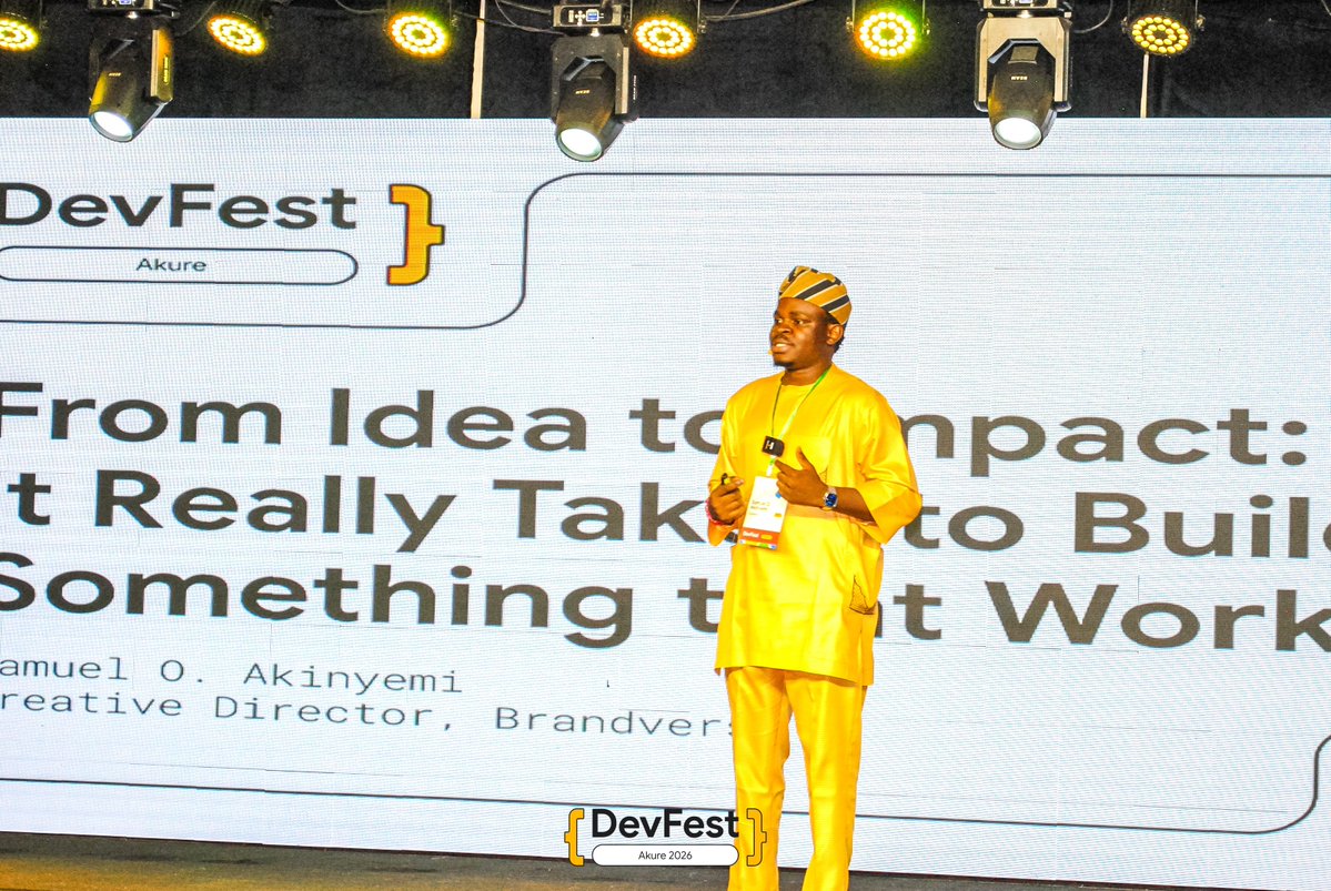 gdg_akure's tweet photo. On stage now! ⚡️

Samuel O. Akinyemi is unpacking "From Idea to Impact: What it Really Takes to Build Something That Works."

Real talk on building products that don't just exist, but actually WORK.

#GDGAkure #DevFestAkure2026 #DevFest2026 https://t.co/GnRnHfUu54