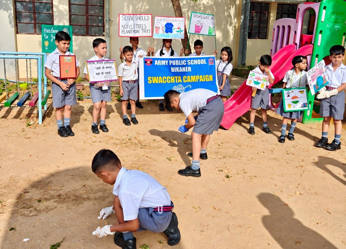 SWComd_IA's tweet photo. #SwacchtaHiSeva2026
#SpecialCampaign6

Enthusiastic students of APS #Bikaner participated in various activities in support of national initiatives promoting a clean and green #India. These included cleanliness drives, tree plantation, wall painting and encouraging local residents to adopt hygienic practices and contribute towards an environmentally sustainable future.

#SwachhBharat 
#SHS2026
#GreenInitiative 
#Sustainability
#RanbankuraDivision

@adgpi
@ChetakCorps_IA
@moefcc
@SwachhBharatGov
@swachhbharat 
@SpokespersonMoD
