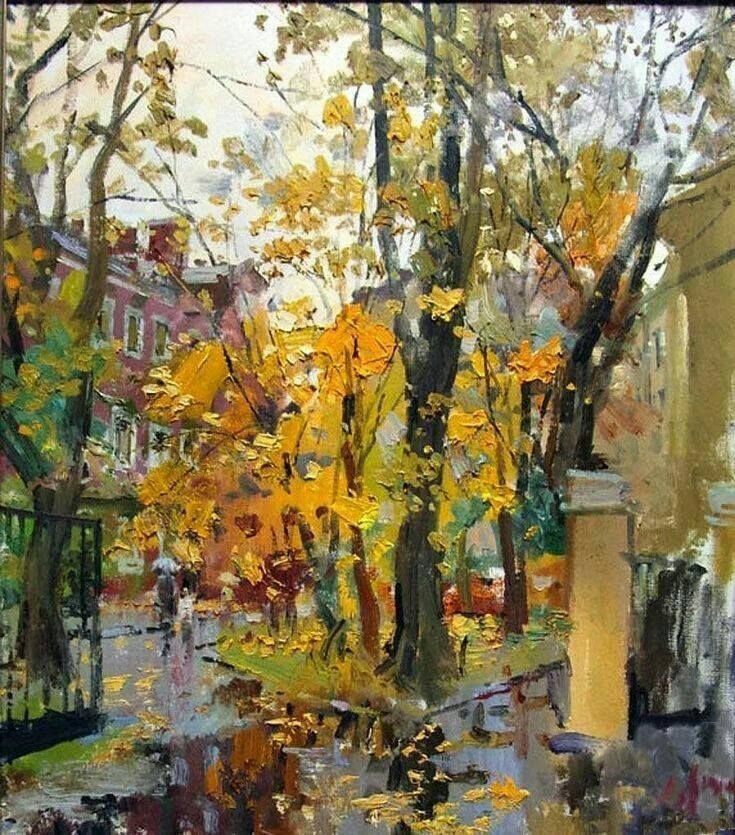 Gen_Boiko's tweet photo. A sudden wash of gold breaks the gray,
As heavy brushstrokes paint the day, a city wears a golden sheen,
Spilling its treasures like a vivid dream.
Unknown

Artist:
Anatoliy Lukash https://t.co/9i8Jr8lfl8