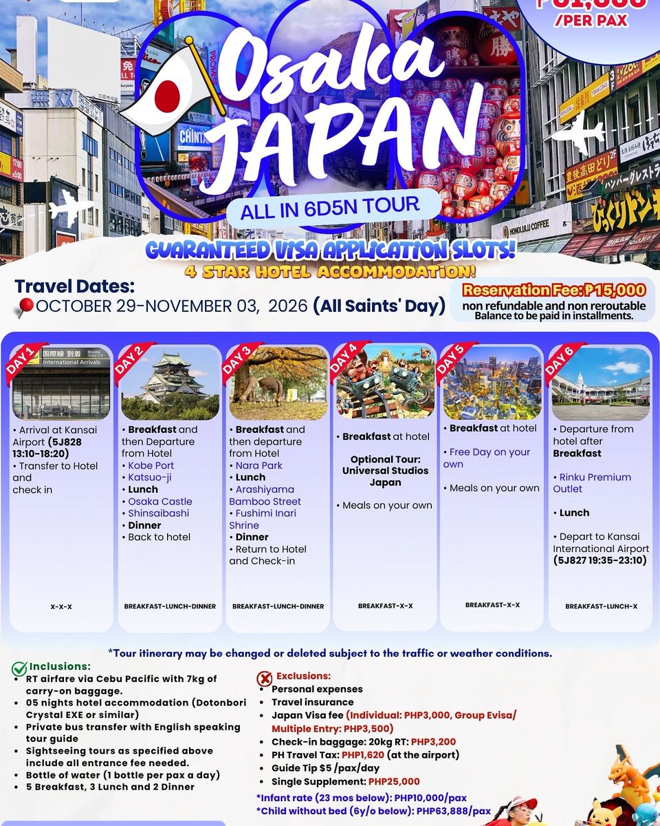 andersonj1998's tweet photo. Osaka, Nara, Kyoto &amp; Arashiyama 6D5N Tour this All Saints’ Day 2026. Oct 29–Nov 3 | ₱81, 888/pax. Includes airfare, hotel, tours, meals and guaranteed e-visa slots. Reservation fee: ₱15, 000. https://t.co/mOcnkIriT6