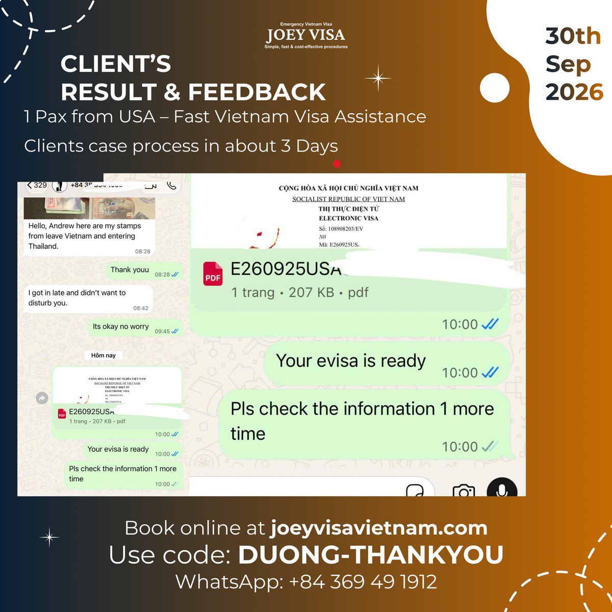grachunoemi's tweet photo. Visa Updates – September 30, 2026

Another group of travelers has received entry approvals for upcoming Vietnam trips. Planning your visit? Use coupon DUONG-THANKYOU for a special discount. Need visa, airport fast-track, or eSIM support? Our team https://t.co/bFLbQ8F2Kq