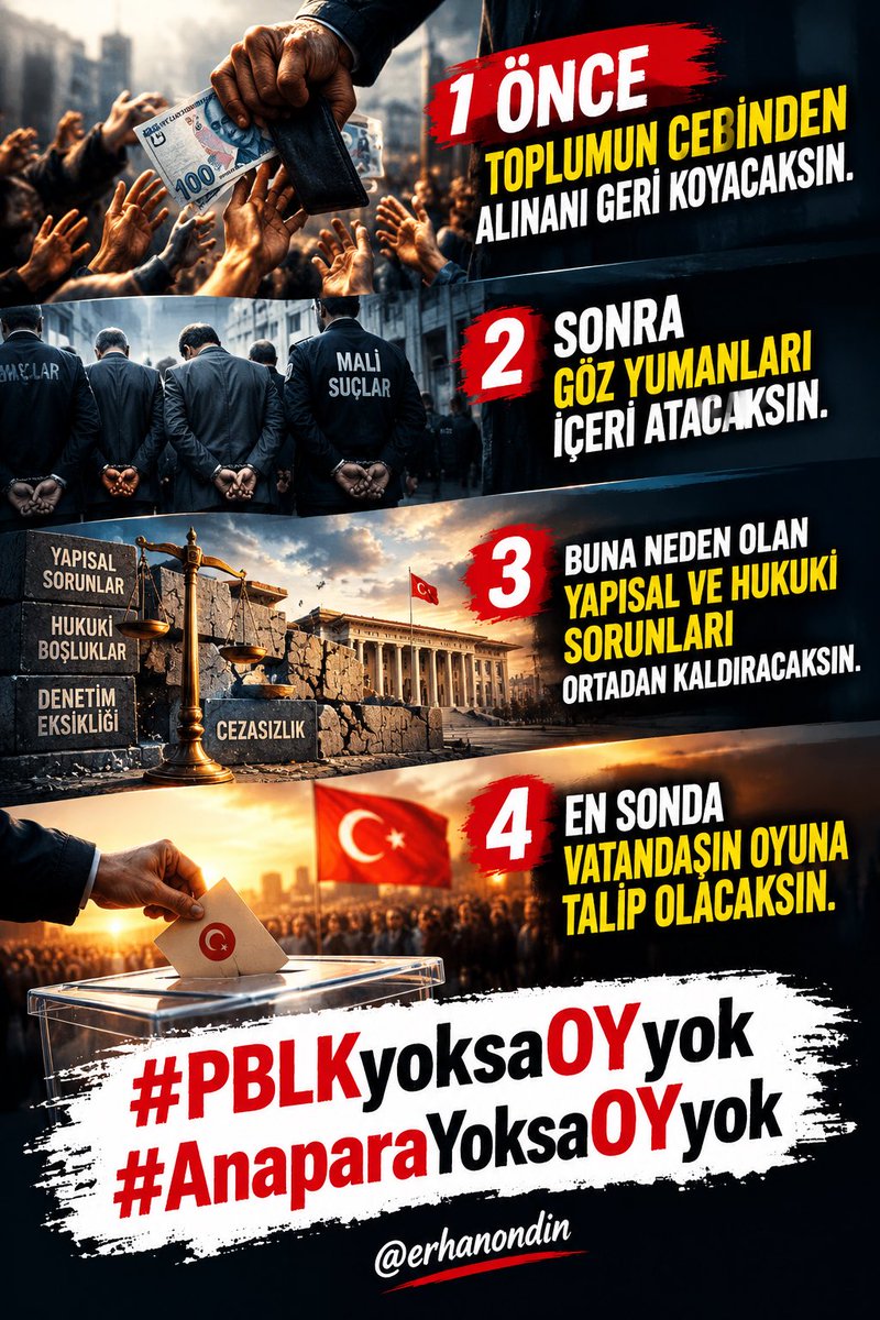 erhanondin's tweet photo. @burhanduran @iletisim Önce toplumun cebinden alınanı geri koyacaksın. 
Sonra göz yumanları içeri atacaksın. Daha sonra buna neden olan yapısal ve hukuki sorunları ortadan kaldıracaksın. 
En sonunda vatandaşın oyuna talip olacaksın.

@RTErdogan @tcbestepe @iletisim 

#PBLKyoksaOYyok
#AnaparaYoksaOYyok https://t.co/s2kPHJzuRA