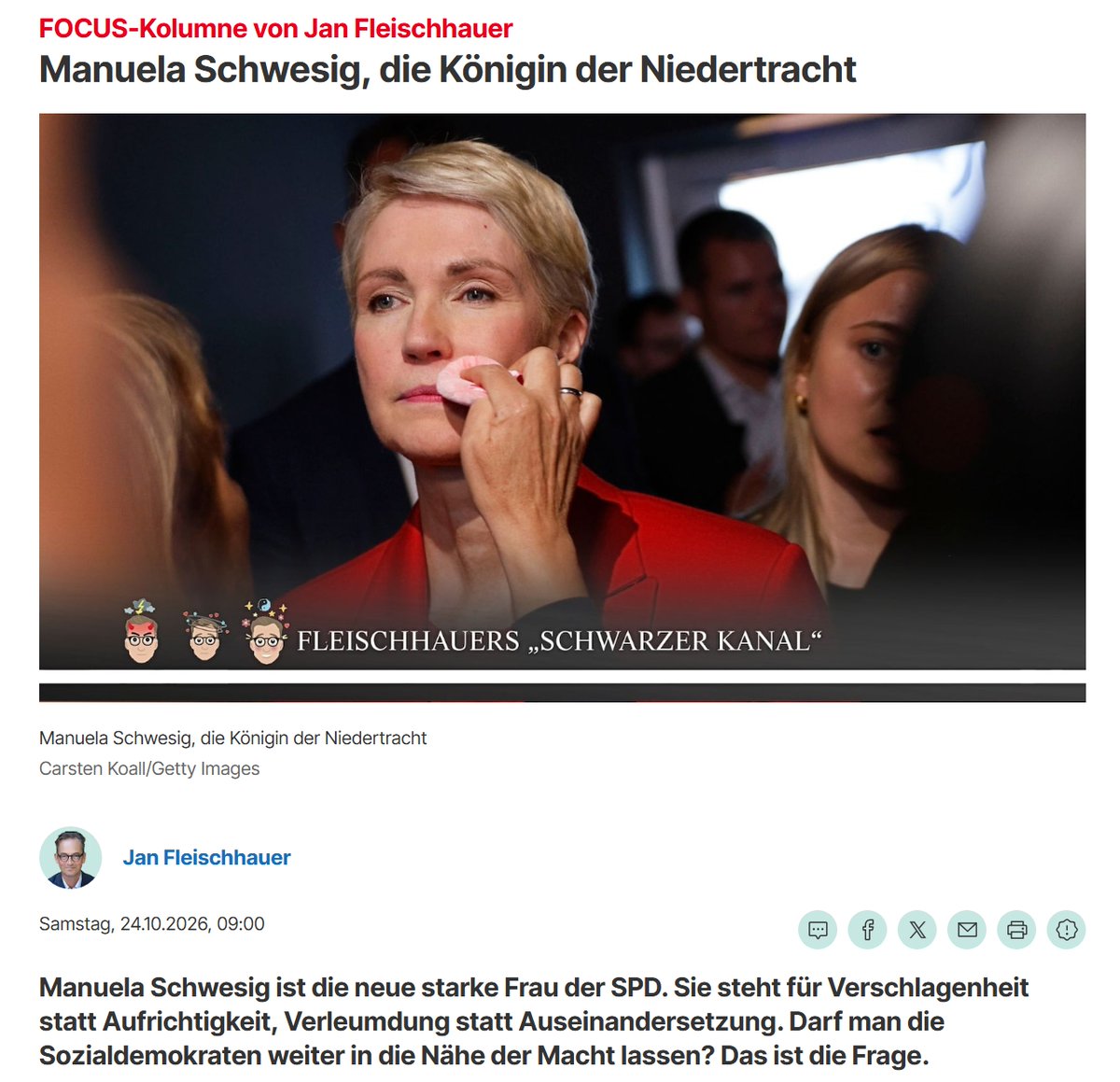 terran_liberty's tweet photo. Manuela Schwesig, die „Königin der Niedertracht“: Für @janfleischhauer verkörpert die Ministerpräsidentin eine neue SPD, in der Verschlagenheit, Verleumdung und Machterhalt zunehmend an die Stelle politischer Aufrichtigkeit treten. Seine Frage: Warum regiert die Union überhaupt noch mit diesen Leuten?

➡ Während SPD-Fraktionschef Matthias Miersch und Boris Pistorius am historischen Bebelplatz vor einem neuen Faschismus warnen, sieht Fleischhauer eine Partei, die sich selbst als letzte Bastion der Demokratie inszeniert. Selbst die Wahl eines AfD-Landtagspräsidenten in Sachsen-Anhalt werde zur drohenden Machtergreifung erklärt.

➡ Besonders scharf kritisiert er Schwesigs und Klingbeils Vorwürfe gegen die CDU im Zusammenhang mit Bärbel Bas. Die Union soll eine Frau während der schweren Erkrankung ihrer Stieftochter öffentlich erniedrigt haben. Doch bis heute könne die SPD keinen konkreten Satz nennen, der diese Anschuldigungen belege.

➡ Tatsächlich habe die Union vor allem auf längst vereinbarte Rentenreformen gedrängt. Bas erklärte am 11. September, das Rentenpaket werde möglicherweise erst 2028 kommen. Daraufhin bezeichnete Christian von Stetten sie als überfordert – Tage bevor sie von der Verschlechterung des Gesundheitszustands ihrer Stieftochter erfuhr. Bereits seit Juni wartete die Koalition auf Gesetzentwürfe.

➡ Ausgerechnet aus der eigenen SPD kam ebenfalls massive Kritik an Bas: Parteigliederungen in Bielefeld und Frankfurt verlangten personelle Konsequenzen. Auch die Arbeitsgemeinschaft Migration und Vielfalt übte Kritik. Und Manuela Schwesig selbst gehörte laut Fleischhauer zu den entschiedensten Gegnerinnen der Rentenbeschlüsse, die Bas umsetzen sollte.

➡ Schwesig strebe dem Vernehmen nach sogar einen Ausstieg aus der Koalition und ein Bündnis mit Grünen und Linken an. In Berlin zeige sich bereits, wohin die Reise gehe: SPD-Spitzenmann Steffen Krach schloss Enteignungen im Wahlkampf kategorisch aus – nun stehen sie im Sondierungspapier. Zudem erwähnt Fleischhauer ein Verfahren gegen Krach wegen des Verdachts der Bestechlichkeit.

➡ Auch die Verhältnisse in Mecklenburg-Vorpommern nimmt Fleischhauer auseinander: Das polizeiliche Vorgehen gegen einen kritischen Journalisten und eine dreitägige Hamburg-Reise eines stellvertretenden Parteivorsitzenden für 4.200 Euro auf Staatskosten führt er als Beispiele für den Umgang mit Kritik und Steuergeld an.

➡ Hinzu kommen die Russland-Verbindungen und die umstrittene Stiftung in Mecklenburg-Vorpommern. Fleischhauer erinnert an belastende Steuerunterlagen, die im Kamin verbrannten, und spricht polemisch von einer angeblichen „Tarnorganisation zur Geldwäsche“. Für ihn steht das exemplarisch für den politischen Umgang mit Verantwortung und Transparenz.

➡ Schwesig gilt innerhalb der SPD als erfolgreiche Kämpferin gegen die AfD. Fleischhauer hält dagegen: Im Januar 2026 stand die AfD in Mecklenburg-Vorpommern bei 35 Prozent, bei der Landtagswahl am 20. September erreichte sie 38,2 Prozent. Von einer erfolgreichen Zurückdrängung könne nach diesen Zahlen kaum die Rede sein.

☑️ Fleischhauers Schlussfolgerung: Die SPD, die sich öffentlich als moralische Verteidigerin der Demokratie präsentiert, entwickle sich unter Politikern wie Schwesig zu einer Partei, die politische Gegner mit schwersten Vorwürfen überziehe und eigene Widersprüche ausblende. Mit der alten „Tante SPD“ habe das kaum noch etwas gemeinsam. Seine abschließende Frage richtet sich deshalb an Friedrich Merz und die Union: Warum regieren sie eigentlich noch mit einer solchen Partei?
