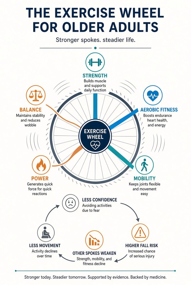 DrKristieLeong's tweet photo. Your exercise routine is missing a spoke (or two).
-
The aging exercise wheel has five spokes. 

•  Strength
•  Aerobic fitness
•  Balance
•  Mobility
•  Power

Most people only train two.

Ignore one spoke (especially power or balance) and the wheel wobbles: 

Less confidence → less movement → the other spokes weaken → higher fall risk. 

A meta-analysis of 15 trials (583 older adults) showed power training beat traditional strength work for functional speed and daily tasks.

This week, train your weakest spoke intentionally.

Which one are you neglecting right now?

Source: el Hadouchi et al., Eur Rev Aging Phys Act 2022 (15 trials, n=583)

#HealthyAging