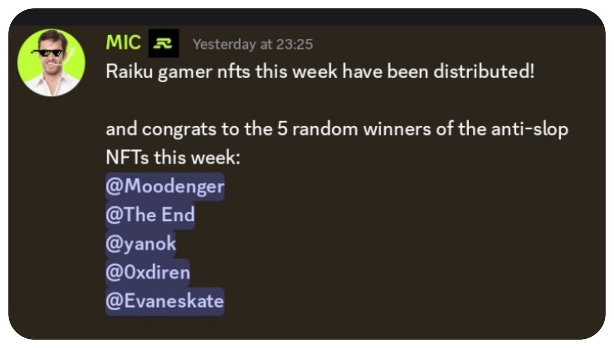 iAmSPide_'s tweet photo. Another week another win for @raikucom

Gamer NFTs distributed, Anti-Slop winners announced. Quality always wins https://t.co/UPRQ1qQzUT