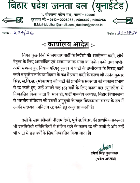 ANI's tweet photo. Bihar | The Janata Dal (United) has cancelled the primary membership of Anant Kumar Singh, MLA from Mokama, with immediate effect and expelled him from the party for six years.

The party has also recommended to the Speaker of the Bihar Legislative Assembly that Singh's membership as an MLA be cancelled under the Tenth Schedule of the Indian Constitution.

Additionally, the party has cancelled the primary membership of former MLA Neelam Devi over her alleged involvement in anti-party activities and expelled her from the party for six years.