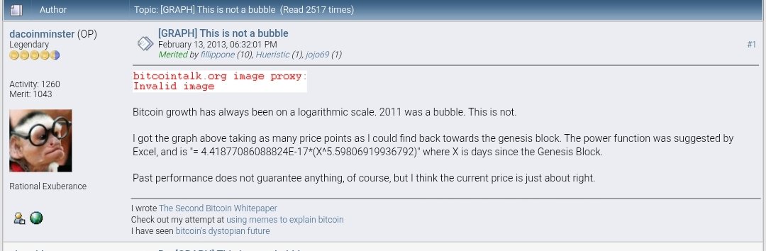 CaffeSatoshi's tweet photo. @ByzantineInvest On the 13th Feb 2013 a user called dacoinminster dumps whatever price history he can find into a spreadsheet, lets Excel fit a power trendline, and writes it down:

Price = 4.42 × 10⁻¹⁷ × (days since Jan 3, 2009)^5.6

The original post back from 2013 👇 https://t.co/LRrAJrZUxF