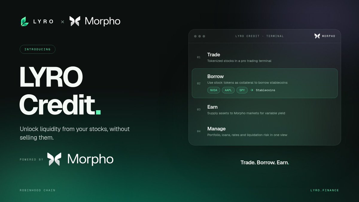 LyroFinance's tweet photo. LYRO is taking DeFi to the next level. 🌿

What if your stocks could unlock liquidity without ever selling them?

Introducing LYRO Credit, powered by @MorphoLabs 🔥

We're integrating Morpho directly into LYRO Finance on Robinhood Chain.

📈 TRADE: access tokenized stocks through our professional trading terminal

🏦 BORROW: use eligible Robinhood Stock Tokens like $NVDA, $AAPL and $SPY as collateral to borrow stablecoins

💰 EARN: supply supported assets to Morpho lending markets and earn variable yield

📊 MANAGE: monitor your portfolio, loans, rates and liquidation risk in one terminal

No bank. No selling your stock exposure. Just DeFi.