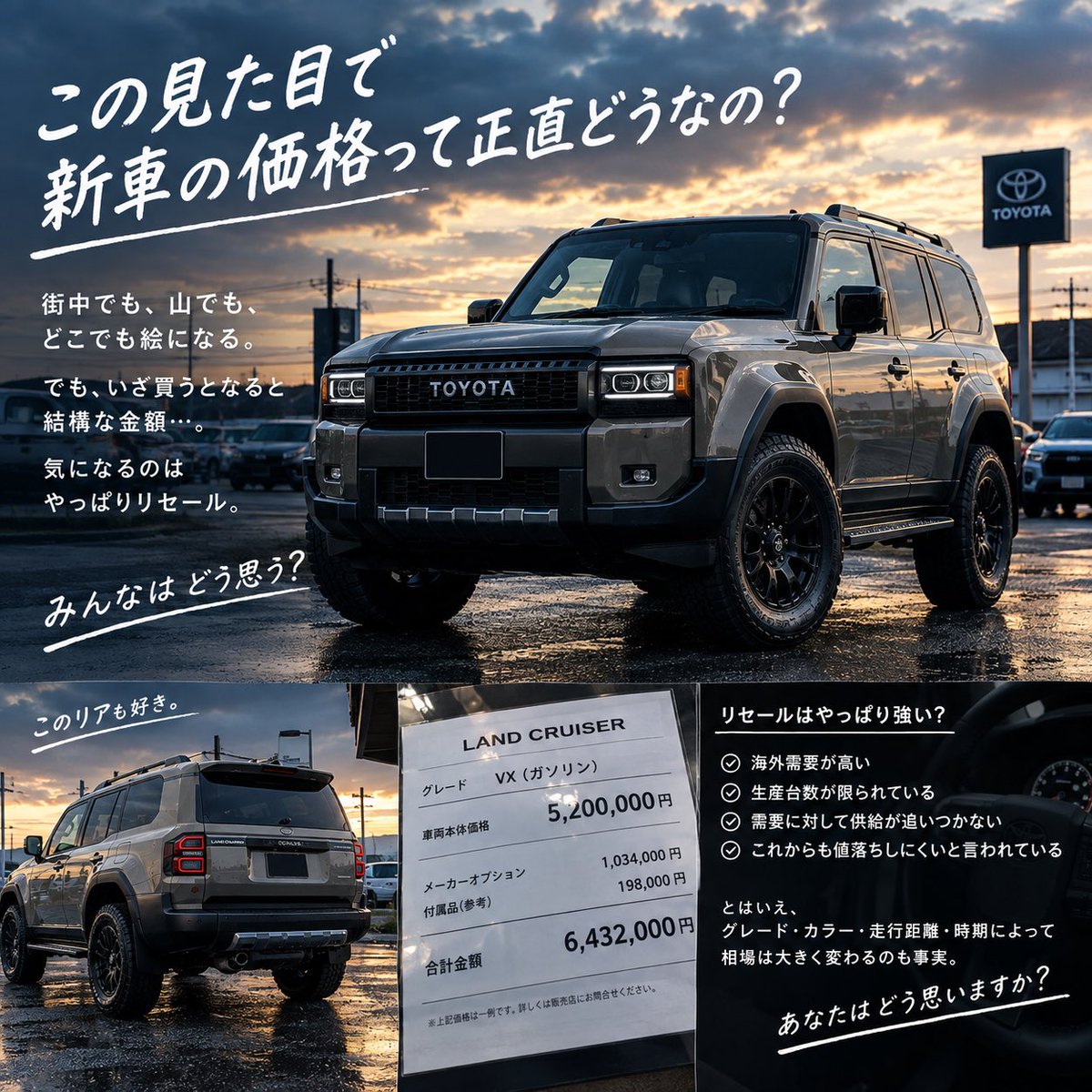 kurumajoho1's tweet photo. 【悲報】新車で買った瞬間、価値が下がる車もある。

一方で、数年乗っても高値で売れる車もある。

同じ500万円の車でも、3年後の査定額で数十万円差がつくことも。

車は「いくらで買うか」だけじゃなく、
「いくらで売れるか」まで考えて買う時代。
みんなが思う、リセール最強の車って何？🚗 https://t.co/tUH39kwIFC