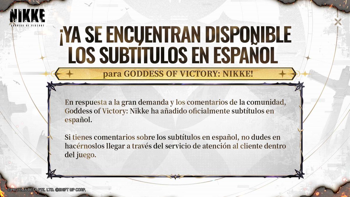 NIKKE_en's tweet photo. ¡Ya se encuentran disponible los subtítulos en español para Goddess of Victory: Nikke! 

Discord: https://t.co/csDqN6hp9l

#NIKKE #nikkeespañol https://t.co/Ln3mlkiVeO