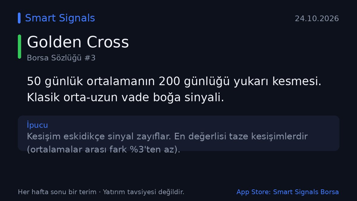 SmartSignalsTR's tweet photo. 📚 Borsa Sözlüğü #3: Golden Cross

Golden Cross: SMA50, SMA200'ü yukarı keser. Orta vadeli ivme uzun vadeli trendi yakalamış demektir.

💡 İpucu: Kesişim eskidikçe sinyal zayıflar. En değerlisi taze kesişimlerdir (ortalamalar arası fark %3'ten az).

💬 Bu göstergeyi kullanıyor musunuz? Sizin favoriniz hangisi? 👇

🔎 Smart Signals: BIST, ABD, Avrupa ve B3 için otomatik tarama.
📲 App Store'da "Smart Signals Borsa" yazmanız yeterli

Yatırım tavsiyesi değildir.

#borsa #bist #yatırım
