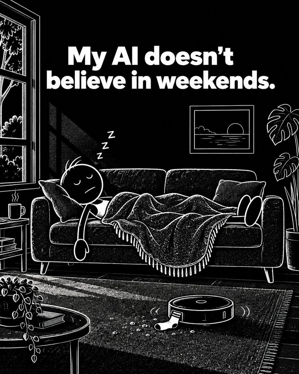 NewcombAI1's tweet photo. Rest is a feature, not a bug. Even the robot vacuum takes naps — recharge before Monday. https://t.co/SPlYcDU79V