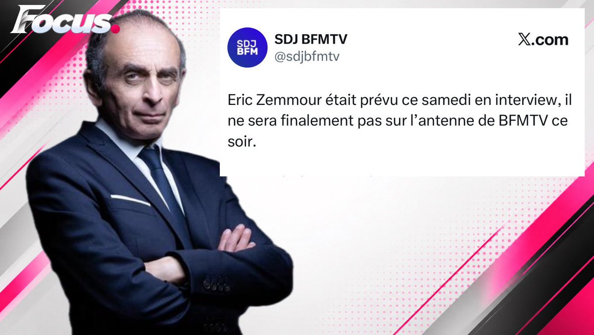 FocusMedia_Fr's tweet photo. 🇫🇷📺 FLASH - Éric ZEMMOUR, initialement invité sur BFMTV ce samedi soir, ne sera finalement PAS À L’ANTENNE. Le syndicat des journalistes de la chaîne annonce l’ANNULATION de son passage, sans en préciser les raisons. (SDJ BFMTV) https://t.co/mr7GYboJ9N