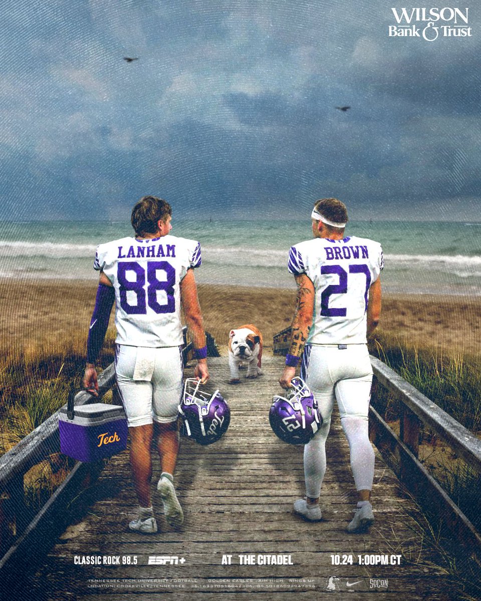 TNTechFootball's tweet photo. Taking a business trip to the beach

⏰ 1 pm CT
📍 Charleston, S.C.
🏟️ Johnson Hagood Stadium
📺https://t.co/6ccMj1scnP
📻https://t.co/P8lRWMfzHd
📊https://t.co/xJCy24yRql

#AimHigher | #WingsUp https://t.co/NHrn9q4Mle