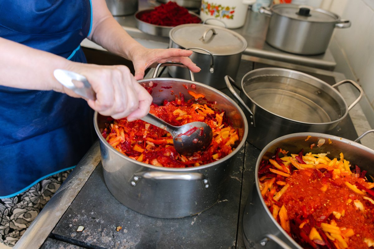 WCKitchen's tweet photo. For many Ukrainian families, preserving their own produce is an annual tradition that brings people together. Not only does it provide shelf-stable food to last through the winter, it also reflects the unique traditions of each family—no two families have the exact same recipes. 

WCK's #ChefsForUkraine team is distributing our brand new preservation kits to communities who don't have access to their usual supplies and produce. Each kit includes enough ingredients for one 3-liter jar of fermented cabbage, one 1-liter jar of eggplant spread, one 1-liter jar of zucchini spread, and two 1-liter jars of borsch dressing, but each family can choose how they want to use their kit. 

This way, families can use the recipes they've had for generations once again this winter—a comforting moment during increased Russian attacks and uncertainty.