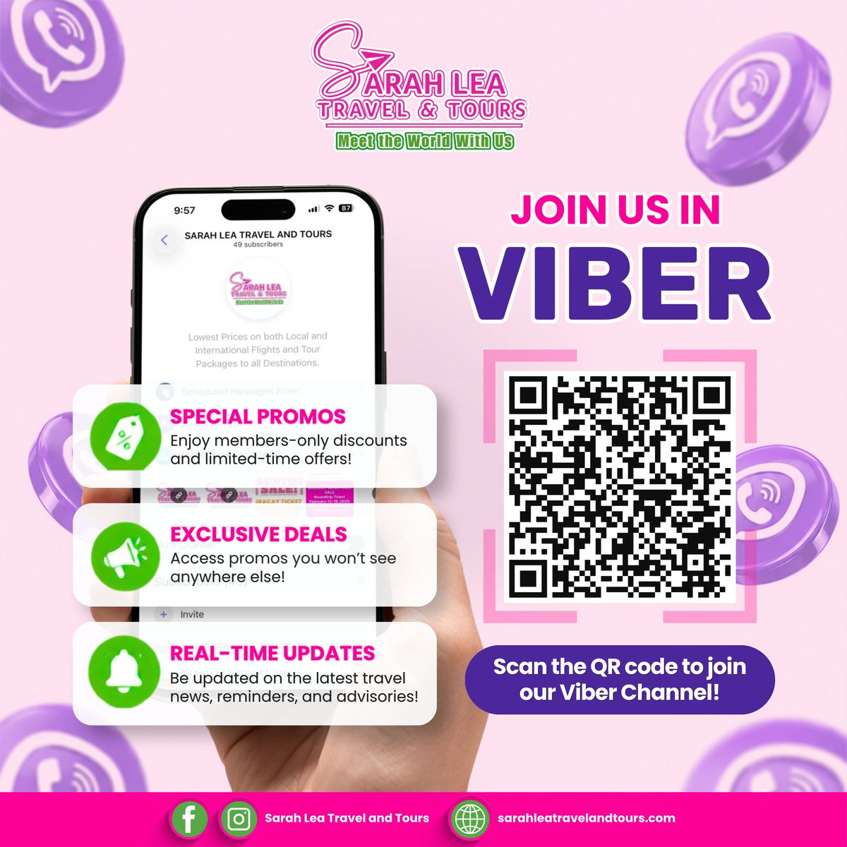 JazminA2000's tweet photo. Join Sarah Lea Travel and Tours on Viber for exclusive deals, members-only promos, real-time travel updates, reminders, and advisories. Be among the first to know about our latest offers. https://t.co/4zekoGwCCx