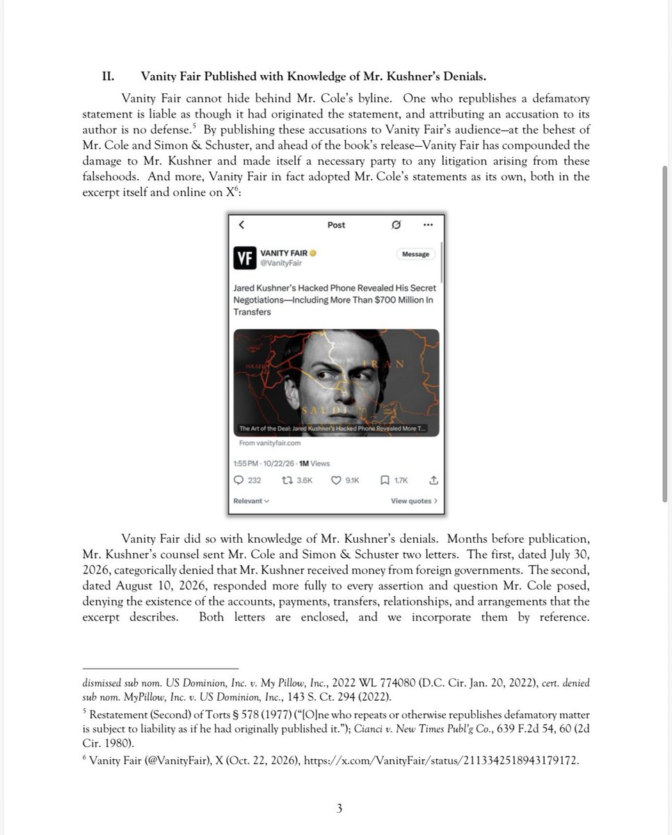 chad_mizelle's tweet photo. We formally put Vanity Fair and Condé Nast on notice regarding the false and defamatory allegations published about our client, Jared Kushner.

Serious questions are now being raised about the credibility of this reporting, including by independent journalists.

Despite repeated requests, the author has failed to produce a single bank statement, wire transfer record, account number, or other verifiable evidence supporting these extraordinary accusations.

We have seen no indication that Vanity Fair conducted any independent verification of these claims before publishing them.

We call on Vanity Fair to clarify publicly whether it independently verified these allegations and, if so, what evidence supports them. Or did it simply republish the author’s claims without conducting its own fact-checking?

We have demanded that Vanity Fair remove the article and preserve all records relating to its reporting, fact-checking, editorial review, and publication.

Letter attached. More to come.