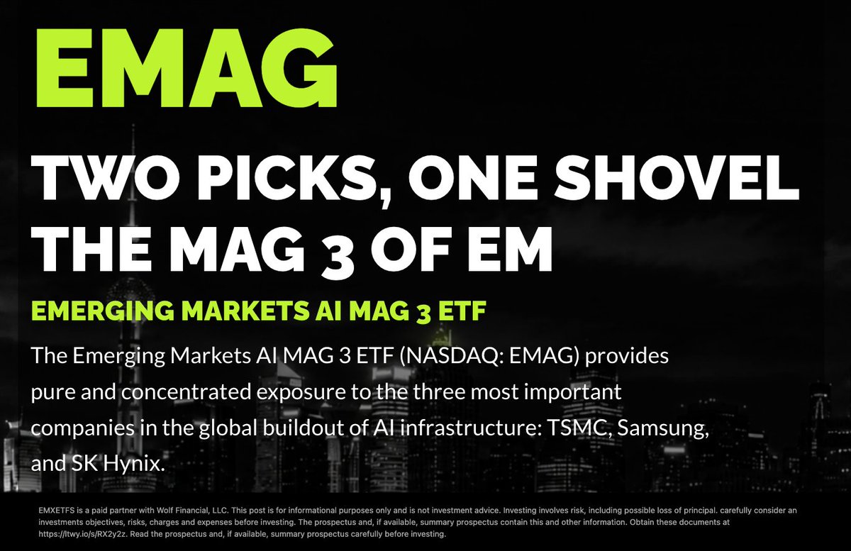 TheETFTracker's tweet photo. The Emerging Markets AI MAG 3 ETF $EMAG is a concentrated bet on the 3 Asian companies behind the AI buildout

🥇 Taiwan Semiconductor 41.93% weighting
🥈 SK Hynix 40.18%
🥉 Samsung 17.83% https://t.co/AKt899HNyA