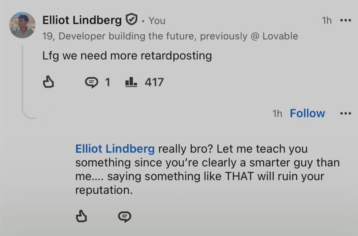 robiot's tweet photo. accidentally used retard in a reply to someone on linkedin, then remembered linkedin people are sensitive.

"I would not expect you to say something like this, you are destroying your career".  it's so over bro https://t.co/jEl2ZXI4Pw