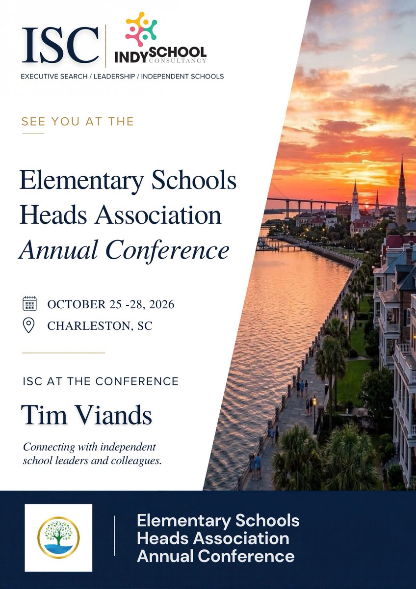 ISCconsultancy's tweet photo. IndySchool Consultancy looks forward to connecting with independent school leaders at the Elementary Schools Heads Association Annual Conference in Charleston, SC, October 25–28, 2026.

#IndySchoolConsultancy #IndependentSchools https://t.co/5xKwNjboXo