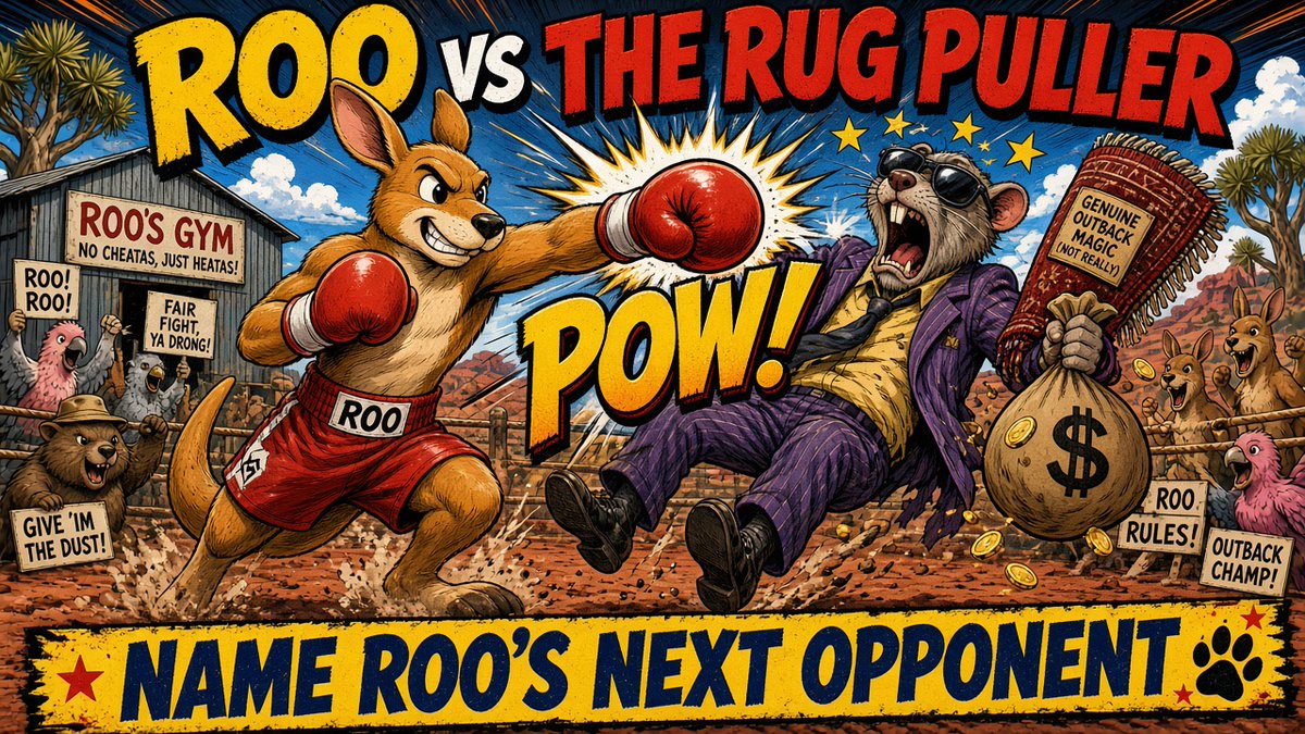 RugRooSOL's tweet photo. Roo's undefeated (mostly 'cos nobody turned up). 🥊🦘

Name his next opponent 👇
🐍 The Rug Snake
🐻 The Bear Market
🤖 The Volume Bot
🧻 The Paper Hands Goblin

Or drop your own. Best answer gets Roo-ified into a meme.

$ROO https://t.co/AxMRM2Buka