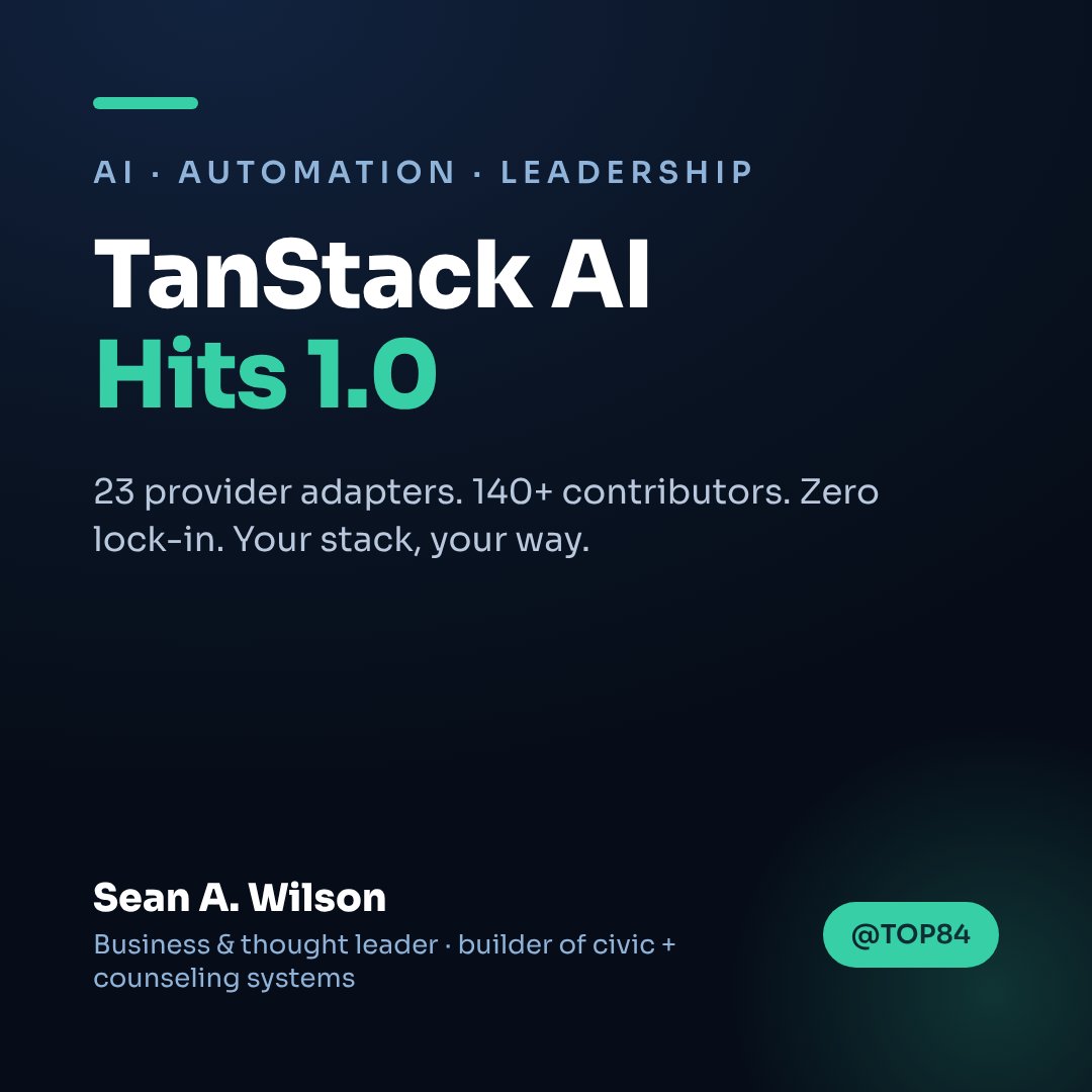TOP84's tweet photo. TanStack AI hit 1.0 → 23 provider adapters, 140+ contributors, zero lock-in.

No lock-in isn't a feature. It's leverage.

I build automation for legislative + counseling work — the tool that owns your provider ends up owning your roadmap.

What's locking your stack in right now? https://t.co/iBOzzUUTeF