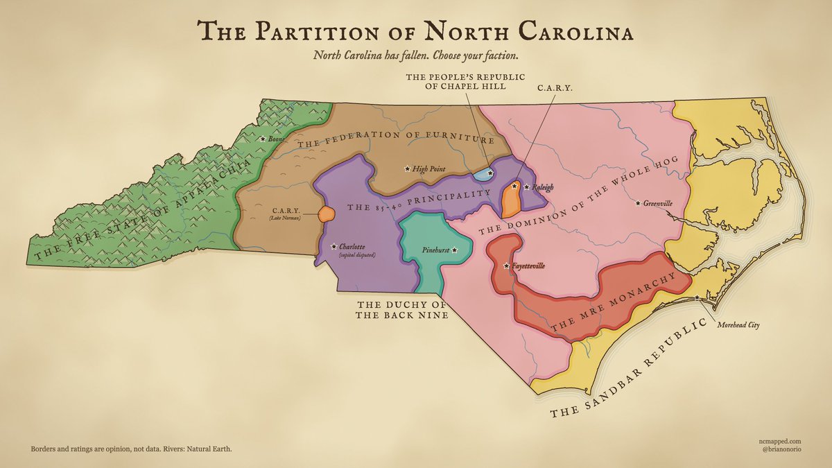 brianonorio's tweet photo. North Carolina has fallen. Nine nations rose from the rubble.

The mountains kept the moonshine. The east kept the barbecue. Charlotte and Raleigh still can't agree on a capital. And Cary is still looking for a decent bagel.

Which nation will control the state? https://t.co/fABnHxvG0P
