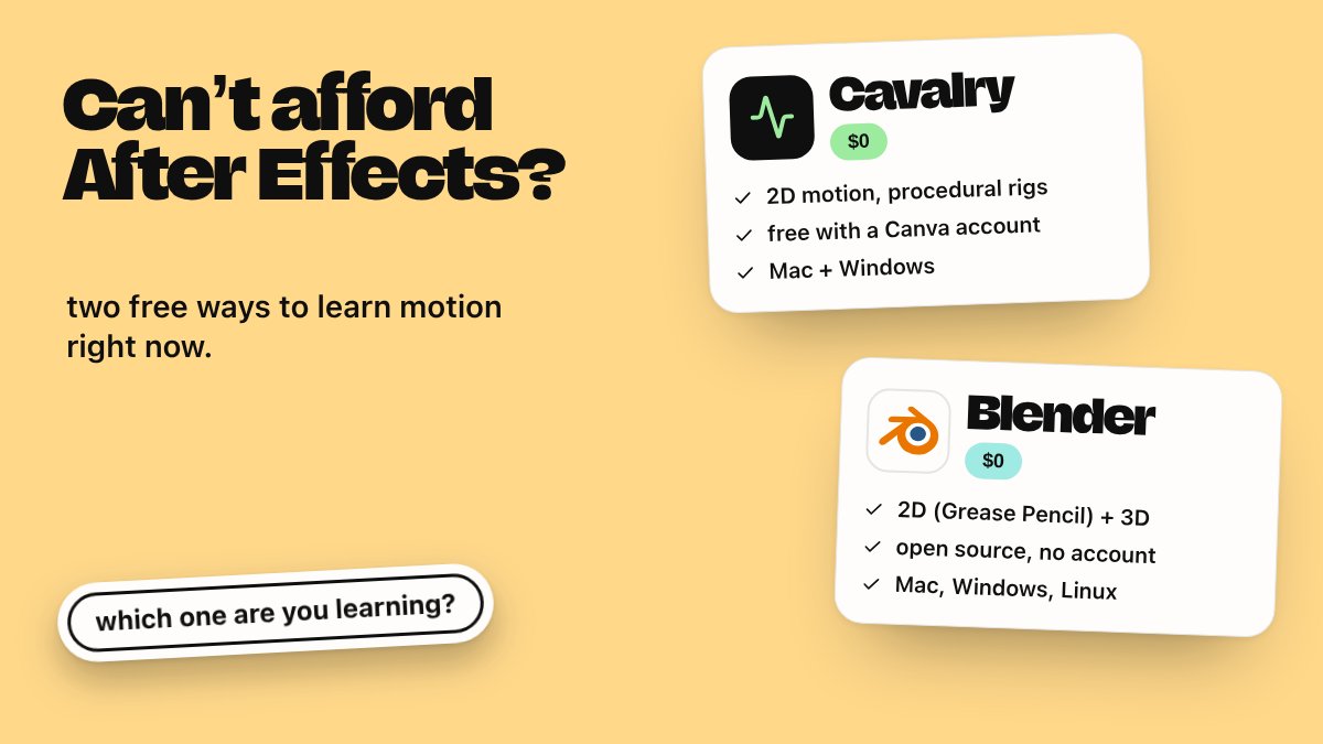 smoothyedit's tweet photo. free motion option if you can't afford after effects: cavalry is free with a canva account now, and blender does 2D/3D motion for $0. which one are you learning? https://t.co/QQxEzrdFkd