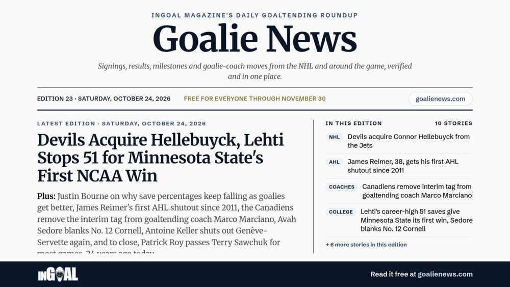 InGoalMedia's tweet photo. Devils Acquire Hellebuyck, Lehti Stops 51 for Minnesota State's First NCAA Win

Goalie News, Oct. 24:
https://t.co/60rmVG2QZf https://t.co/TMbefsQAEi