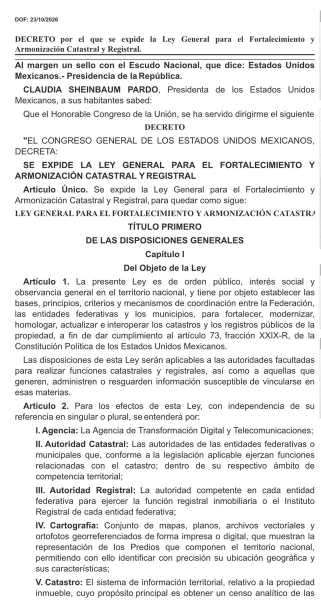 gabiciddeleon's tweet photo. Ayer por la tarde se publicó la Ley General para el Fortalecimiento y Armonización Catastral y Registral. 

Entra en vigor el 1o de enero 2027.

 https://t.co/Qn2i6B0FBI https://t.co/dHU1sR1NwF