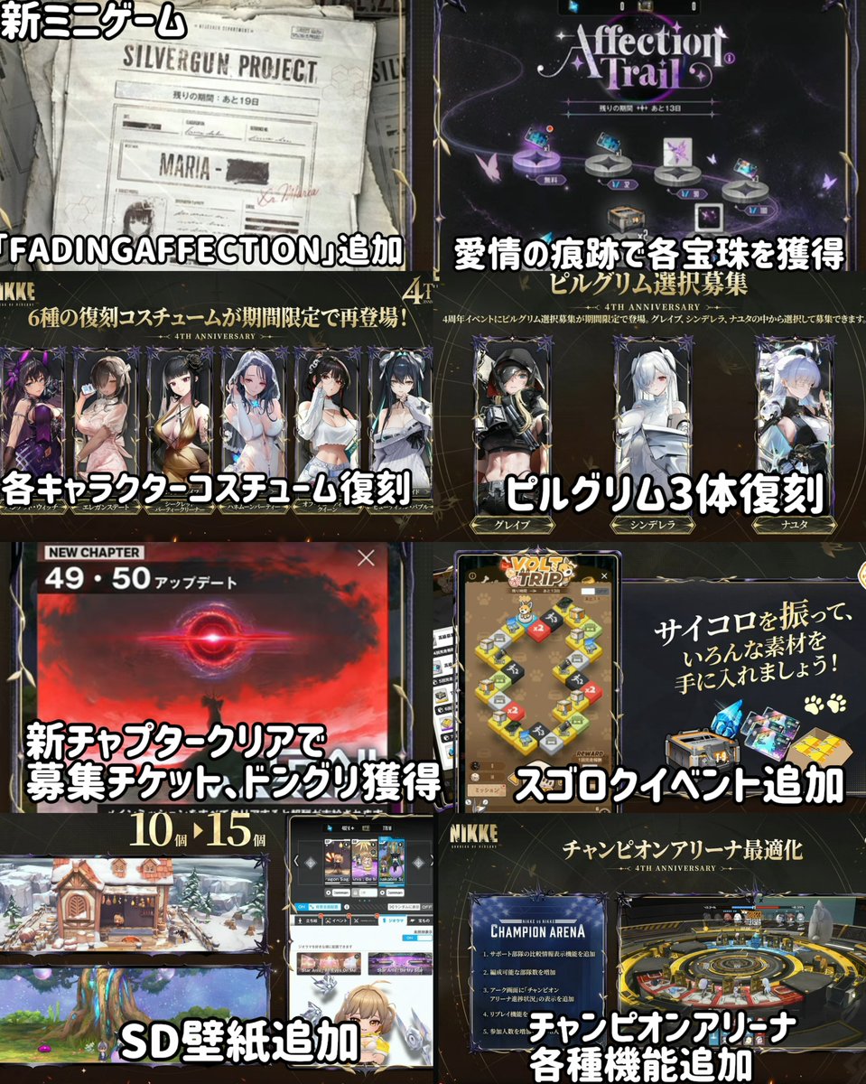 raincclemon's tweet photo. 4周年記念生放送で公開された情報を簡単にまとめましたぁ！！

とんでもない情報量でしたねぇ🤣頭がパンクしちゃいますよんw

#集えNIKKE4周年 #NIKKE4thAnniversary https://t.co/Q7MCUIhyoc