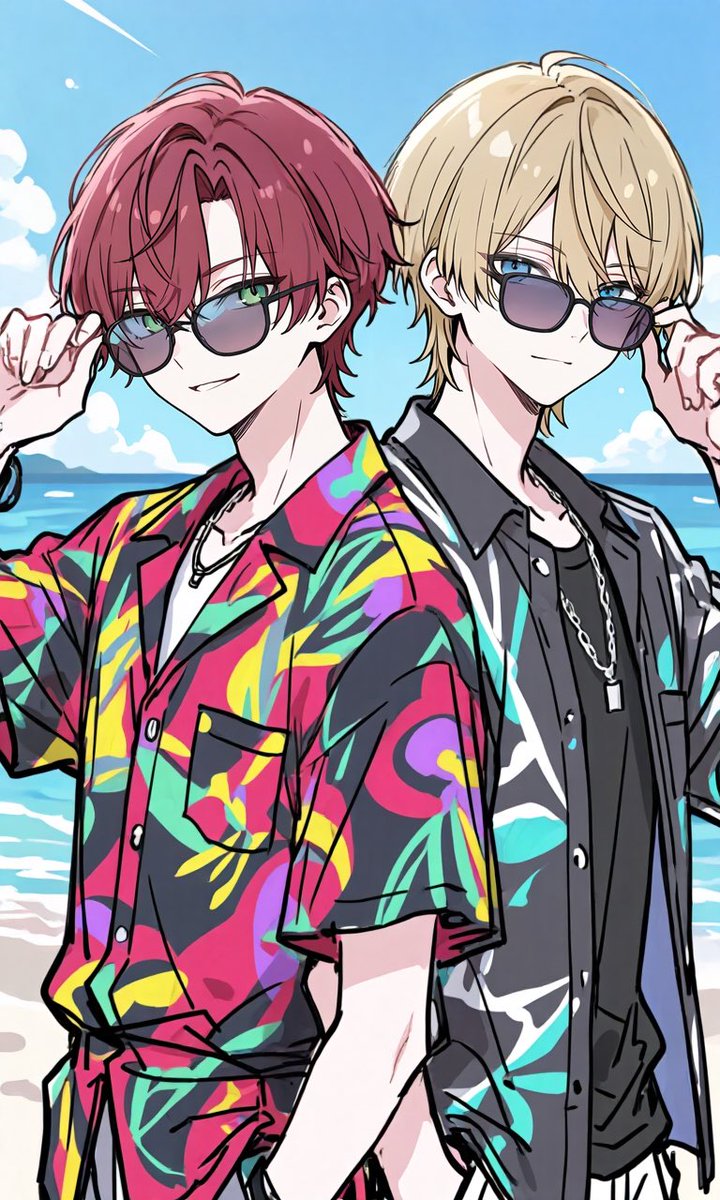 melon_taberenai's tweet photo. 海で目立つチャライケメンな2人🏖️

プロンプトお借りして、さらに代理くんも一緒に攫いました‼️
この2人がビーチに居たら絶対目立つ😊✨ https://t.co/JVFOwQHC0l