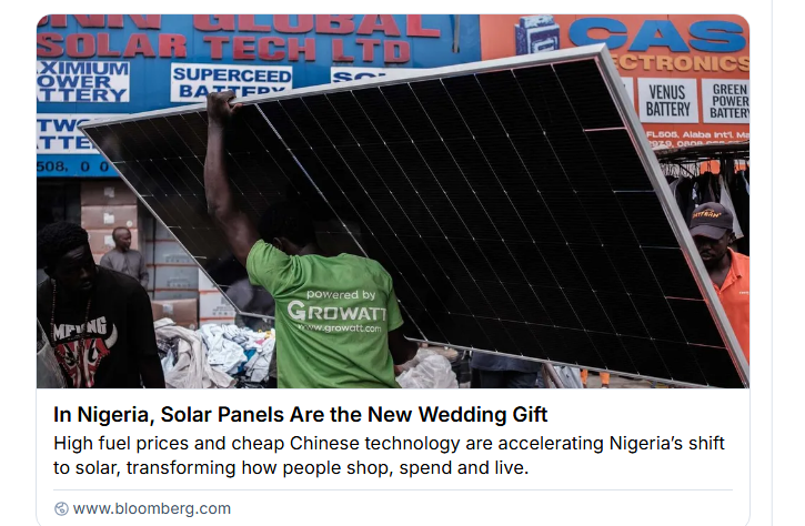 johnrhanger's tweet photo. Nigeria's 2026 solar additions are two times what it installed in 2024 and 2025 combined.

So, that is nearly 2 GW of solar in 2026, so far.

Nigeria had ~14 GW of total generation capacity in 2025.

But its peak is ~5 GW.

2 GW of solar in 2026 is huge!
https://t.co/qxNqcrNA57 https://t.co/TGShk9mLk5