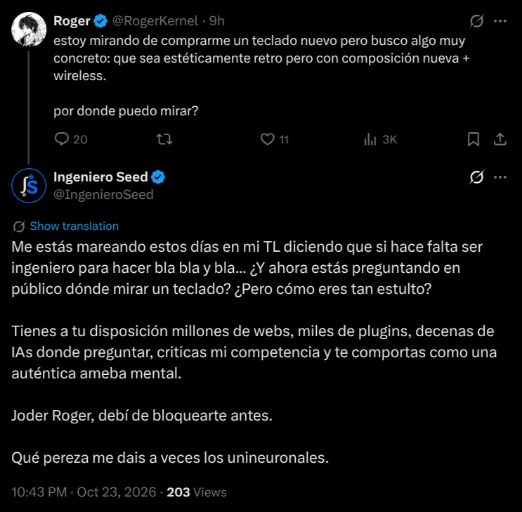 RogerKernel's tweet photo. 🎪 ¡Showtime!

Vamos a hablar de @IngenieroSeed. ¿Por qué ofrece servicios de recuperación a personas que han perdido fondos y tienen poco conocimiento técnico? ¿Por qué construye su personaje sobre la etiqueta de ingeniero? ¿De dónde sale esa superioridad moral? Lo descubriremos ahora en público y, por supuesto, ¡vamos a darle sus mejores 5 minutos de fama!

Antes que nada, muchas gracias por darme contenido y clientes de antemano. Sé que no es lo que buscabas, pero bueno, happens cuando crees que eres el top percentil y no es así (sadge).

IngenieroSeed... Recalquemos "Ingeniero", porque basa todo su personaje en ser ingeniero en telecomunicaciones casi en 2027, como si eso no lo situase justo en el centro de la curva de Gauss. Tenemos muchas cosas de las que hablar, pero como me has bloqueado, me sumo al juego.

Empiezo por lo personal, me lo quito de encima ya y vamos a donde hay material entretenido. Me llama la atención el tono de superioridad que percibo solo por ser ingeniero: no comparto cómo presentas a los demás y no veo prueba de tus capacidades. Sigo flipando que tu vida se base en la nomenclatura de "ingeniero", no sé cómo se puede ser feliz con eso. Nada de esto hubiese pasado si no te lo creyeras tanto, aunque no te culpo del todo, oye. Tienes a tu pequeña legión de seguidores dándote cuatro duros para retroalimentarte. A mí también me pasó cuando empecé a tocar dinero con 13 años o así. Por suerte, no con cierta edad ya, como tú.

Como no puedo incrustar imágenes en un tweet largo, iré referenciándolas (paper técnico!):

Figura 1: Post donde te metes en mi perfil alegando que llevo días mareándote, te molestas porque le pregunto a mi audiencia y me tratas de tonto.

Bueno, primero desmentimos tu propia falacia con la Figura 2: vídeo donde se muestra con dorks de Twitter (sorpresa: ¡tú mismo puedes buscar las interacciones públicas!). Y no, no lo digo yo: "estulto", "tonto", "ameba" y "unineuronal" son citas textuales tuyas, adjuntas en captura. Se ve claramente que solo hemos tenido 3 interacciones, de las cuales solo 1 ha sido preguntando qué tiene que ver ser ingeniero, ¡e incluso las otras son positivas! También he buscado si había alguna quote con tu Twitter ID (1734841713749868544) para hacer double check, y efectivamente no hay nada.

Quitando las ofensas personales, nos ponemos con la manera en la que ofreces servicios de pago a personas con poco conocimiento técnico que han perdido fondos. Otra putada que un servidor lleve 10 años metido aquí también: se te han cruzado los astros para vacilar al peor target posible (don't worry, luego hablamos de las wallets). Les cobras por una guía de protección que solventarían en 30 minutos preguntando a cualquier IA. Como tú mismo dices que hay tantas a las que consultar, ¿por qué hacerles pagar? Al menos lo mío era una pregunta genuina, no para sacar rédito de nadie.

Btw, Fluidkey no es un sistema completamente anónimo: el time-based fingerprinting funciona bastante bien, y más cuando tú y tus "clientes" compartís en un margen de ±72h tu gran trabajo. Just FYI, haz lo que quieras con esta intel :guiño:.

También me hace gracia que tengas destacada tu formación por 1 BTC cuando no consta una cartera de clientes verificable en fuentes públicas.

Oye, y lo de ofrecer servicios de protección y OSINT me parece de puta madre (yo también lo hago para enterprise), pero lo dicho: si basas tu persona en ser una especie de fantasma irrastreable y ganarte el pedigree por eso, al menos que sea verdad. De nuevo: aprende OPSEC y gestión de wallets si realmente te quieres dedicar a crypto. Y deja de usar BNB. Me parece denigrante para cualquier cypherpunk que no uses la única crypto anónima de verdad como forma de pago en ningún servicio.

En fin, por la parte pública ya hay suficiente por hoy. Lo demás, que lo gestiones tú. No confirmo ni desmiento si Hacienda, la mejor agencia de inteligencia del mundo, tiene ya el informe; me gusta el suspense. Eso sí: los IDs de Stripe y Gumroad están muy bien puestos.

A lo mejor lo uso de ejemplo real sobre cómo trazar y correlacionar transacciones pseudoanónimas en alguna ponencia.

P.D.: "Plantilla Gestión Hipoteca 2025" a 5,99€??? Un poco barato para tu nivel de vida cobrando 1 BTC por formación, ¿no?

¡Mucha mierda, ingeniero!

Y recordad, para servicios de inteligencia, desmodus[.]co estará siempre a vuestro servicio.