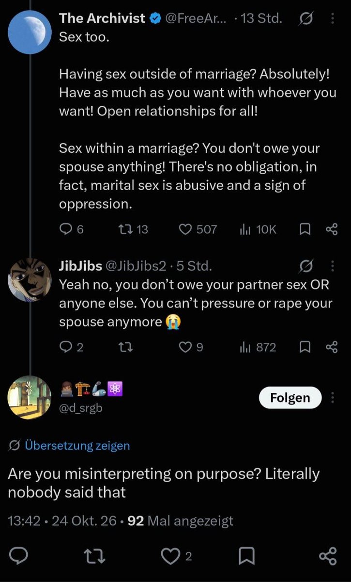 NetizenNiklas's tweet photo. @d_srgb @JibJibs2 @FreeArchivist @Oranyaa_ Right there!

"You don't owe your spouse anything!"

"yeah no, you don't owe your partner sex" https://t.co/rETbOGq63Q