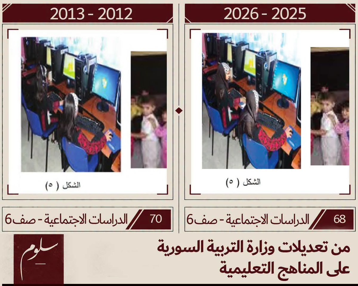 presssuwayda's tweet photo. وزارة التربية "تُحجّب" صور كتاب الصف السادس!

يبدو أن وزارة التربية السورية قررت أن تحديث المناهج يبدأ من الصور: نساء بلا حجاب أصبحن محجبات، وتماثيل غطّتها الرقابة، ولوحات فنية استُبدلت، وصور نساء وأطفال طُمست.. كل ذلك في كتاب موجّه لأطفال بعمر 12 عاماً!

بحسب الصحفي محمد السلوم، أعادت الوزارة طباعة كتاب الدراسات الاجتماعية للصف السادس الابتدائي، الصادر خلال العام الدراسي 2012-2013، بعد حذف ما يتعلق بالنظام السابق، إلى جانب دروس عن الإدارة المحلية والحياة السياسية والمواطنة والإعلام والمشاركة الديمقراطية.

ولم تكتفِ الوزارة بتعديل المحتوى، إذ امتدت تعديلاتُها إلى الصور، في عملية تحديث يبدو أن الفوتوشوب كان فيها أكثر حضوراً من المناهج الجديدة.

في كتاب يُفترض أن يساعد الأطفال على فهم العالم من حولهم، اختارت الوزارة أن تبدأ بتعديل العالم نفسه؛ فما لا يناسب رؤيتها الدينية والسياسية يُحذف من النص، وما لا يناسبها في الصور يُطمس أو يُغطّى. 

ما رأيك؟