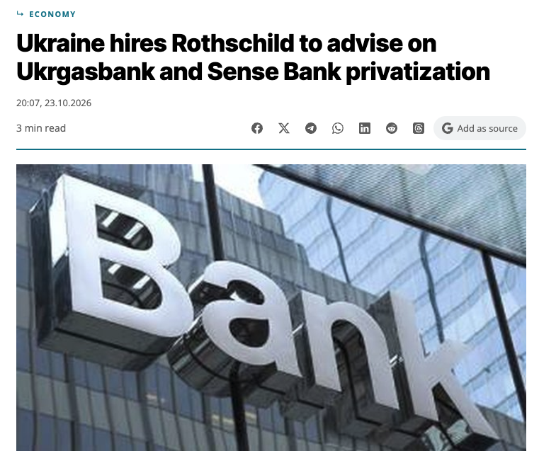 WiretapMediaCa's tweet photo. 🚨MAJOR BREAKING: The Rothschild dynasty has been handed the keys to Ukraine's banking system. 

On Friday, October 23, 2026, Ukraine's Ministry of Finance signed three-party agreements with the state-owned banks Ukrgasbank and Sense Bank and London-based N.M. Rothschild & Sons Limited, part of the Rothschild & Co group. The firm, hired in consortium with Ukrainian investment bank FinPoint, will not buy the banks — it will prepare and run their sale to foreign investors. Ukrgasbank is roughly 95% state-owned; Sense Bank was nationalized from Russian-linked Alfa Group in 2023. Both are profitable, and both sit among Ukraine's ten largest lenders.

It happened this way because the process was engineered from outside. Rothschild was chosen through a competitive tender, but the framework was laid down step by step: the Cabinet approved privatization preparations on October 1, 2025, approved the adviser-selection rules on October 29, 2025, and opened the tender on March 31, 2026. The real spur is Ukraine's repeated commitment to the IMF to engage an adviser for exactly these two banks, with sales slated to begin around 2027. Rothschild's role will be to value the assets, package them for investors, market them abroad and organize the tender.

The beneficiaries are the foreign financial groups that end up buying in, plus Rothschild itself, which earns a fixed fee and a success fee of up to 3% of proceeds either way. Ukraine benefits in the short term by raising budget cash while the hryvnia sits at an all-time low of 45.20/$ and the IMF projects a $50–55bn financing gap for 2027–28 — but it pays for that by offloading income-producing assets during a war, at a moment when it is forced to be a seller rather than a holder.
