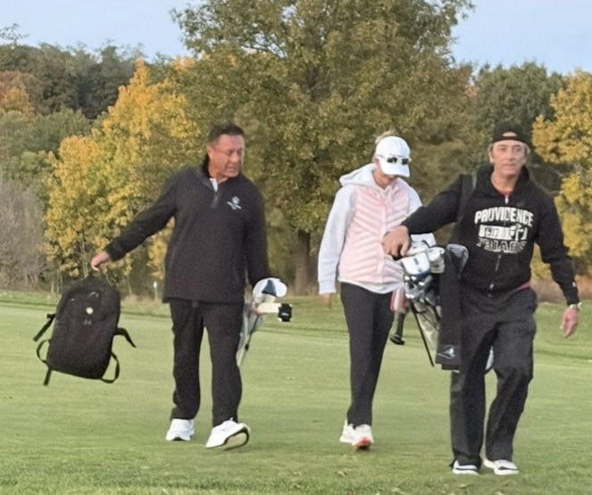 ScottBaio's tweet photo. I flew up to Providence yesterday and brought Bailey’s private golf coach from Florida with me. They haven’t trained in person since Aug 11th. They got right to work and I’m the caddy mule. So literally, whatever it takes for my girl!!! ⛳️🖤🩶🖤 @pcfriarswgolf @PCAthletics @ProvidenceCol #Friars⛳️ #ATeamBB1andBB2