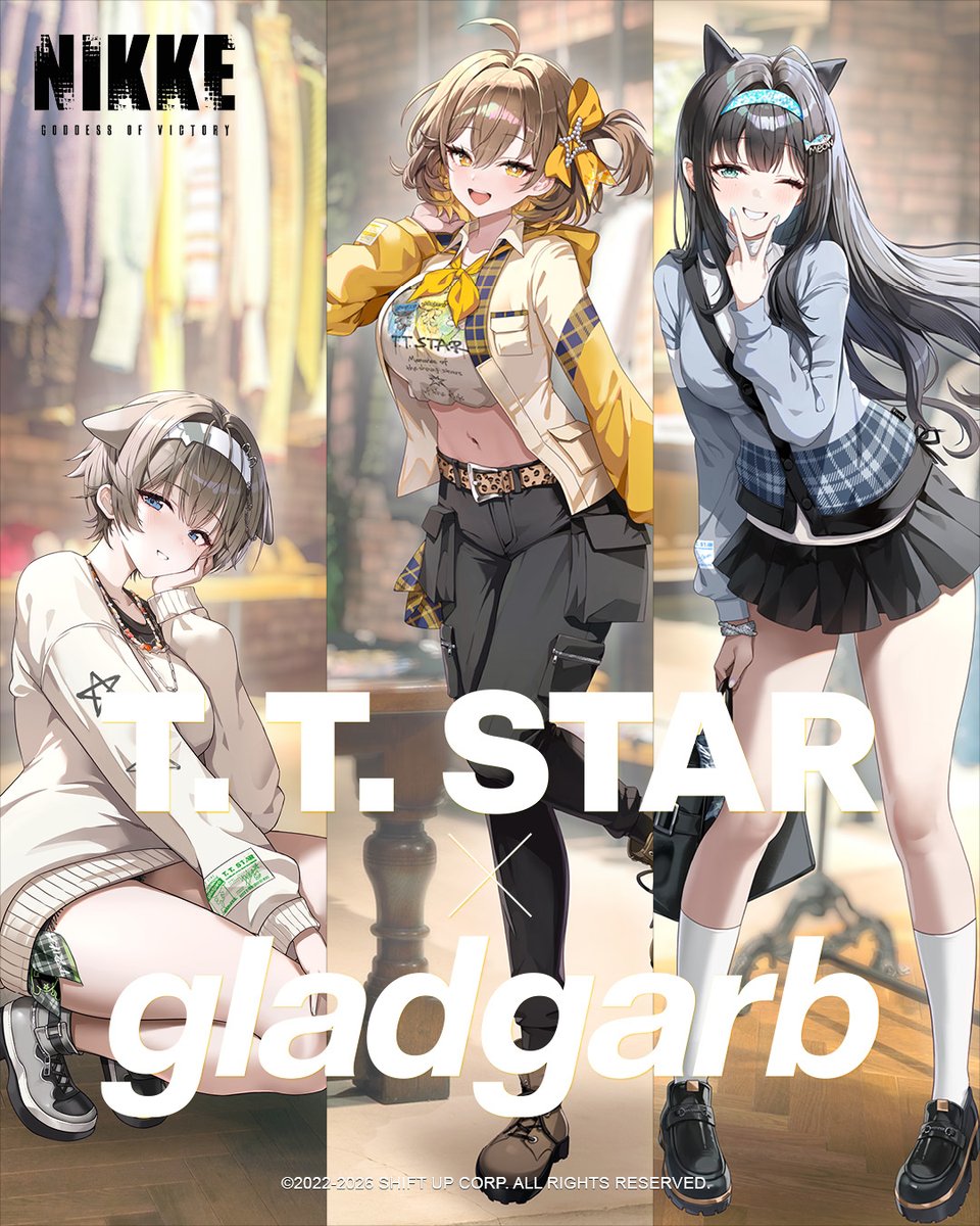 gladgarb_X's tweet photo. 【　NIKKE × gladgarb　】
gladgarb teams up with "T. T. STAR," the idol unit from "GODDESS OF VICTORY: NIKKE."
A capsule collection that translates the characters' signature styling into streetwear.

Pre-order period: Oct. 24 – Nov. 9 (Mon.), 1:00 PM JST