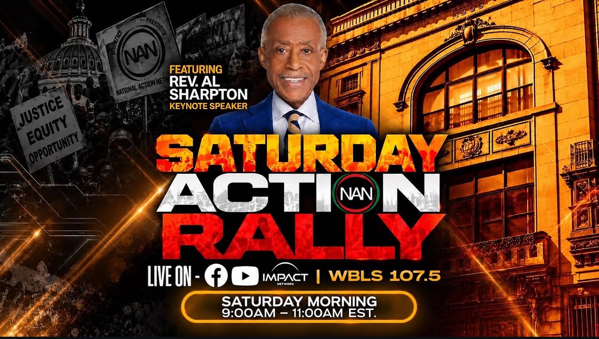 TheRevAl's tweet photo. We are LIVE. 

Join us today from 9–11 AM ET for our weekly NAN Saturday Action Rally as we address the issues impacting our communities and continue organizing for justice and equity.

📍 NAN House of Justice: 6 Hancock Place, Harlem (124th Street between St. Nicholas and Morningside Avenues)

📺💻📱Can’t attend in person? Watch live on National Action Network’s YouTube and Facebook.

🌐 https://t.co/UR9Yyzoyh0
📞 1-877-626-4651

#NANSaturdayActionRally