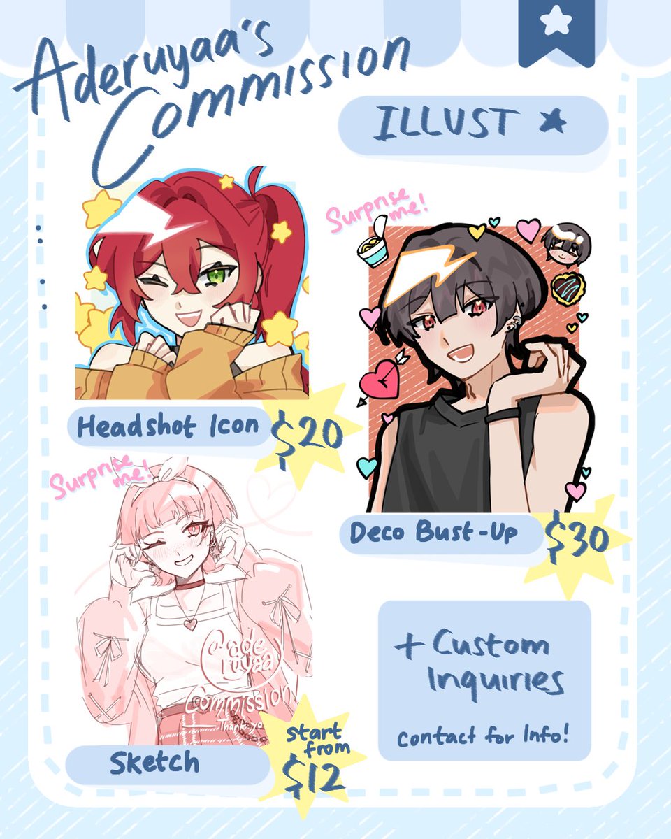 aderuyaa's tweet photo. 【🔁+🩷 Appreciated!】

My comms are open for chibi and illustrations! Commission me through VGen, DM, or Discord🫧
╰┈➤ Vgen: https://t.co/2MEoYYOEAW
╰┈➤ Queue: https://t.co/ene6MsQc2N

#VGenComm #VgenOpen #commissionsopen #commissionㅤ #cms https://t.co/Hcaj8DmCTC