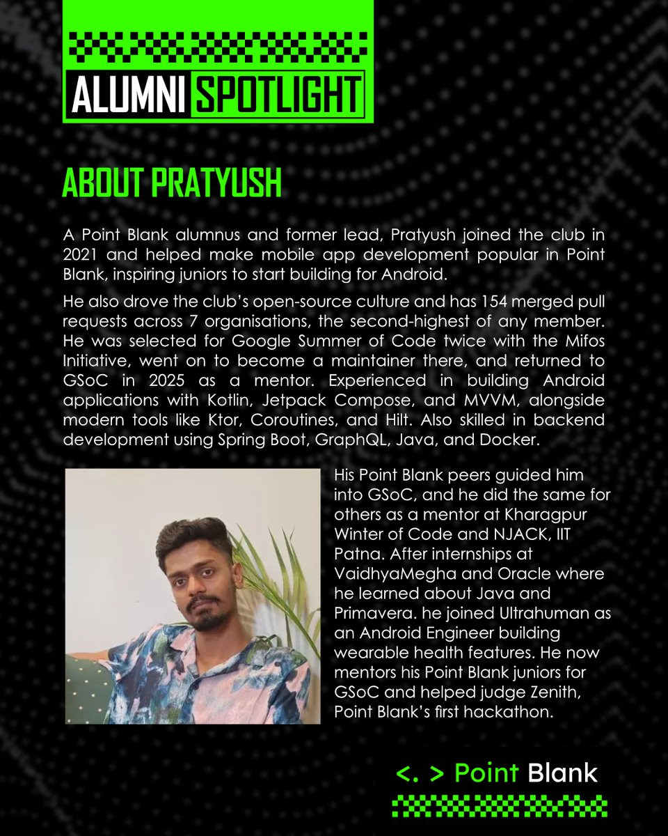 pointblank_club's tweet photo. Some journeys come full circle. From building Point Blank’s open-source culture to mentoring the next generation, Pratyush Singh continues to give back to the community that shaped him.
Now building at Ultrahuman, always one of ours <. >
#PointBlank https://t.co/gN5MfMPCFN