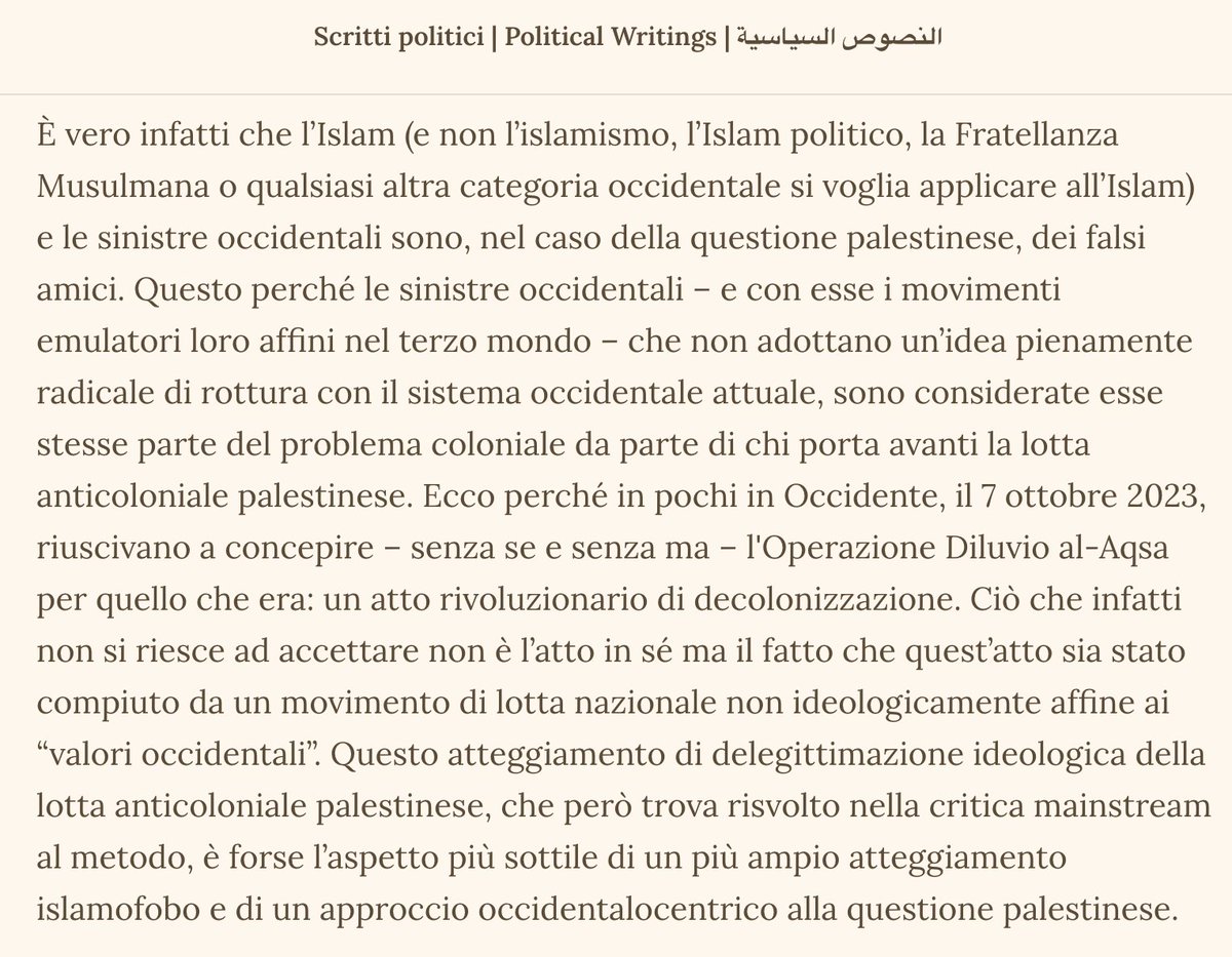 a_monteleone's tweet photo. Devono essere orgogliosi all'ISPI di siffatto pensatore.

«in pochi in Occidente, il 7 ottobre 2023, riuscivano a concepire – senza se e senza ma – l'Operazione Diluvio al-Aqsa per quello che era: un atto rivoluzionario di decolonizzazione»

Tutta "islamofobia", capito? https://t.co/dERmT8RHd7