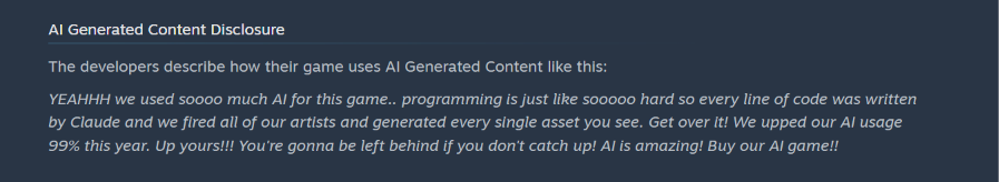 Ep8Script's tweet photo. Political?! If AI bros actually believed AI was good they'd be writing like this 😭 Tim has asked for more developers using AI to speak up, and is now saying that Steam is wrong for asking for disclosure and wants to hide it?
