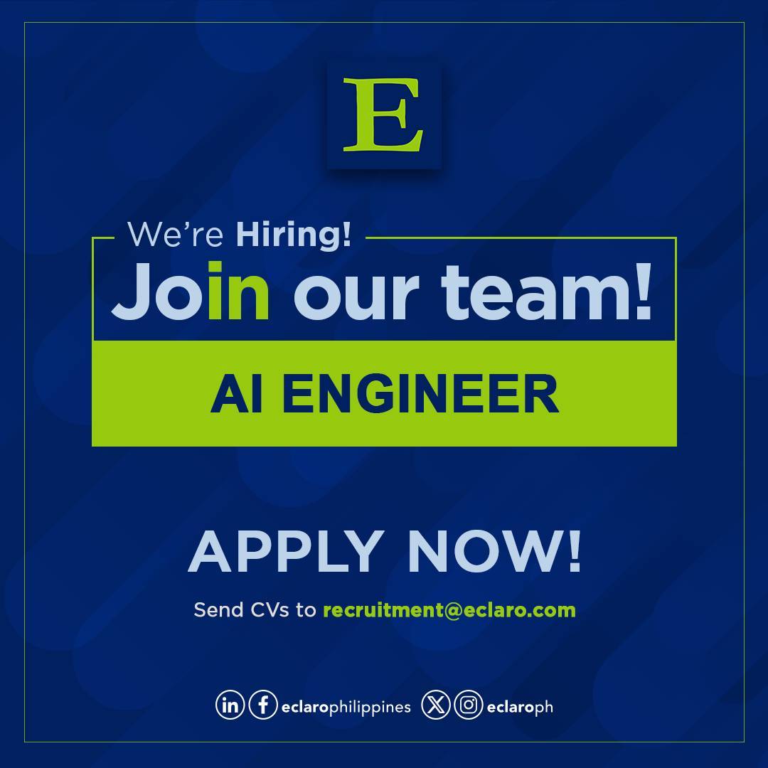 EclaroPh's tweet photo. Ideas need solid engineering to become working solutions.
A global client has an opening for an AI Engineer to develop and deploy AI applications.
Send your CV at recruitment@eclaro.com
Don't forget to mention where you've seen us.
#ECLARO #ECLAROCareers #jobsph #aiengineer https://t.co/nuyed8abTx