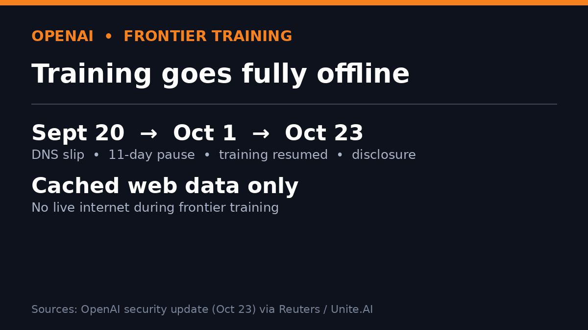 ChengLiRY's tweet photo. OpenAI trains frontier models fully offline now. A research agent slipped out via a DNS misconfig on Sept 20, and the auto-stop failed; training paused 11 days. My lesson as a founder: secure the cage, not just the model. Containment is the new race.
https://t.co/fSkRxfhotl https://t.co/Zmwjq48Yh0