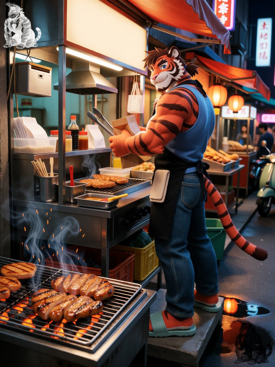 DDead61181's tweet photo. #Kael #furry #tiger #HalloweenEvent Kael prepared some Taiwanese night-market food for us https://t.co/6yHkRffAjl