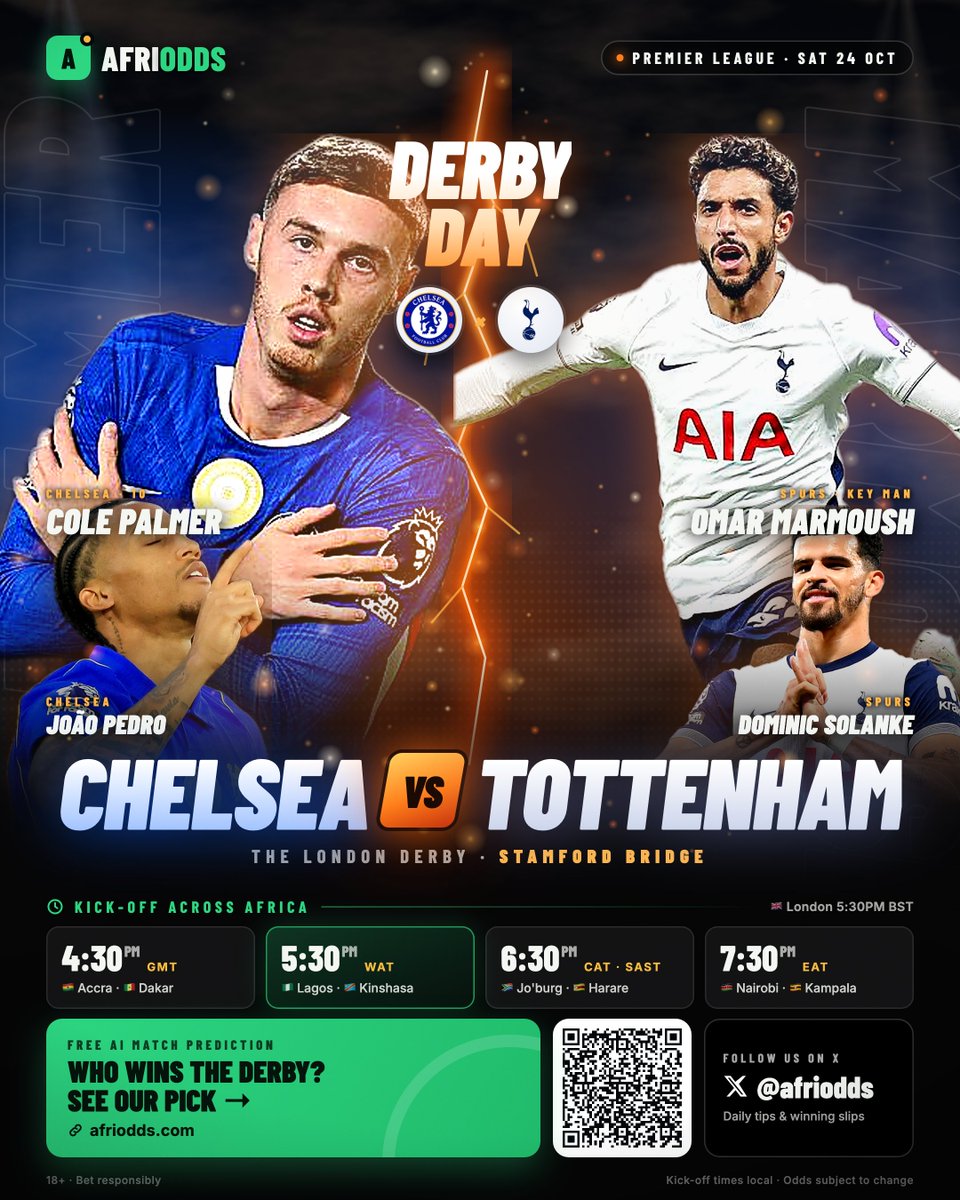 Afriodds's tweet photo. 🔥 DERBY DAY 🔥

Chelsea 🆚 Tottenham — Stamford Bridge

Palmer vs Marmoush. Who runs London tonight? 👀

⏰ 4:30PM GMT | 5:30PM WAT | 6:30PM SAST | 7:30PM EAT

Our free AI prediction is live 👇
https://t.co/Wpwlh1f06u

#CHETOT #PremierLeague #CFC #COYS https://t.co/W6TuFDl9Zp